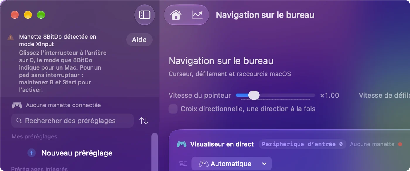 La fenêtre principale d'InputConfig avec une note disant qu'une manette 8BitDo a été détectée en mode X, et le mode à utiliser pour ce modèle.