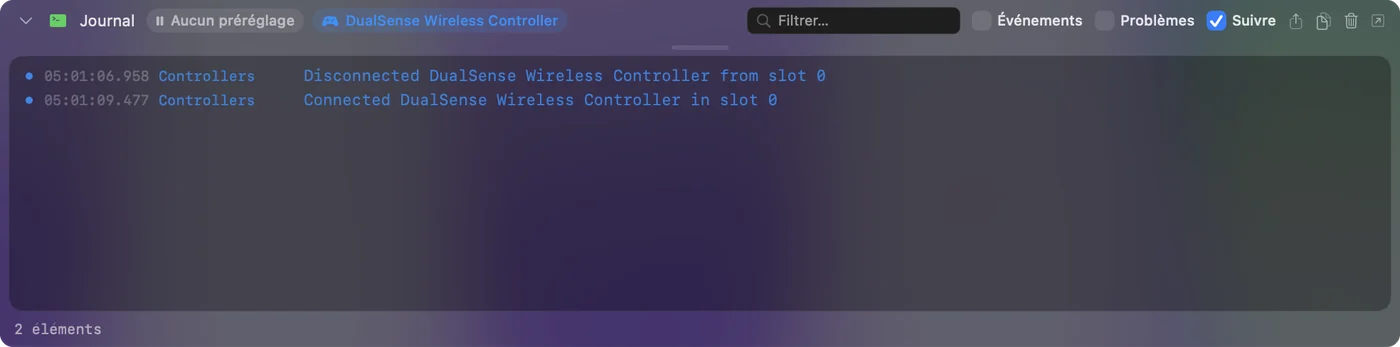 Le journal d'activité d'InputConfig en bas de la fenêtre principale, listant une manette qui se déconnecte et se reconnecte.