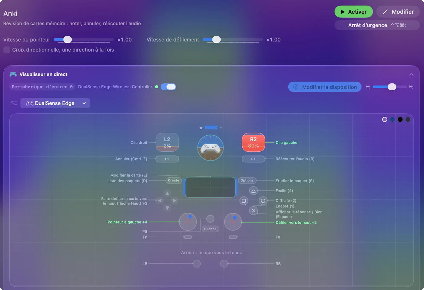Le préréglage Anki intégré d'InputConfig, avec la légende du Live Visualizer qui nomme Again, Hard, Good et Easy sur les quatre boutons de face.
