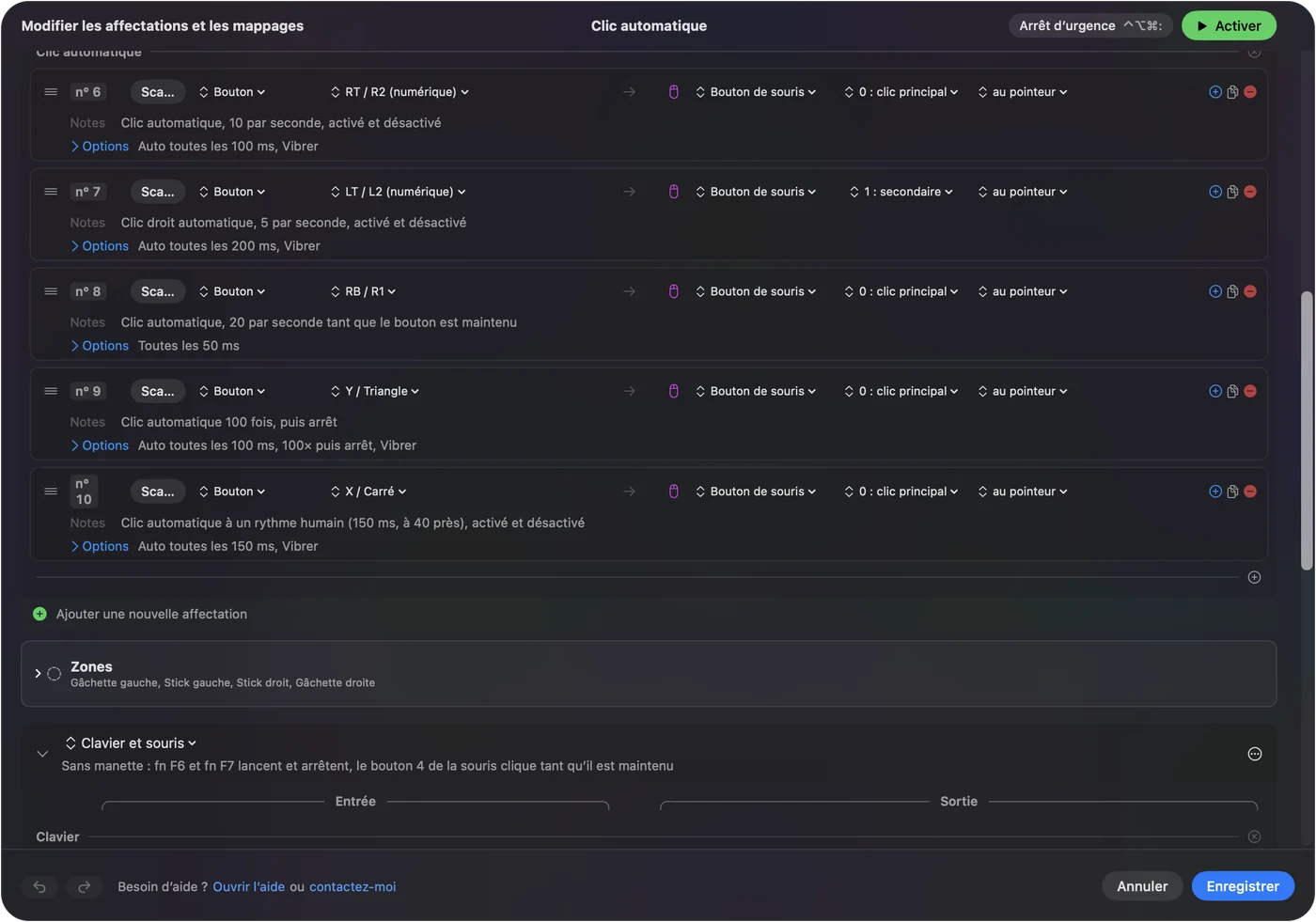 Des lignes du préréglage Auto Clicker intégré d'InputConfig : des boutons de manette qui envoient Main Click ou Secondary au pointeur, avec des notes comme Auto click 10 a second, Auto click 100 times then stop, et un rythme humain de 150 ms à 40 près.