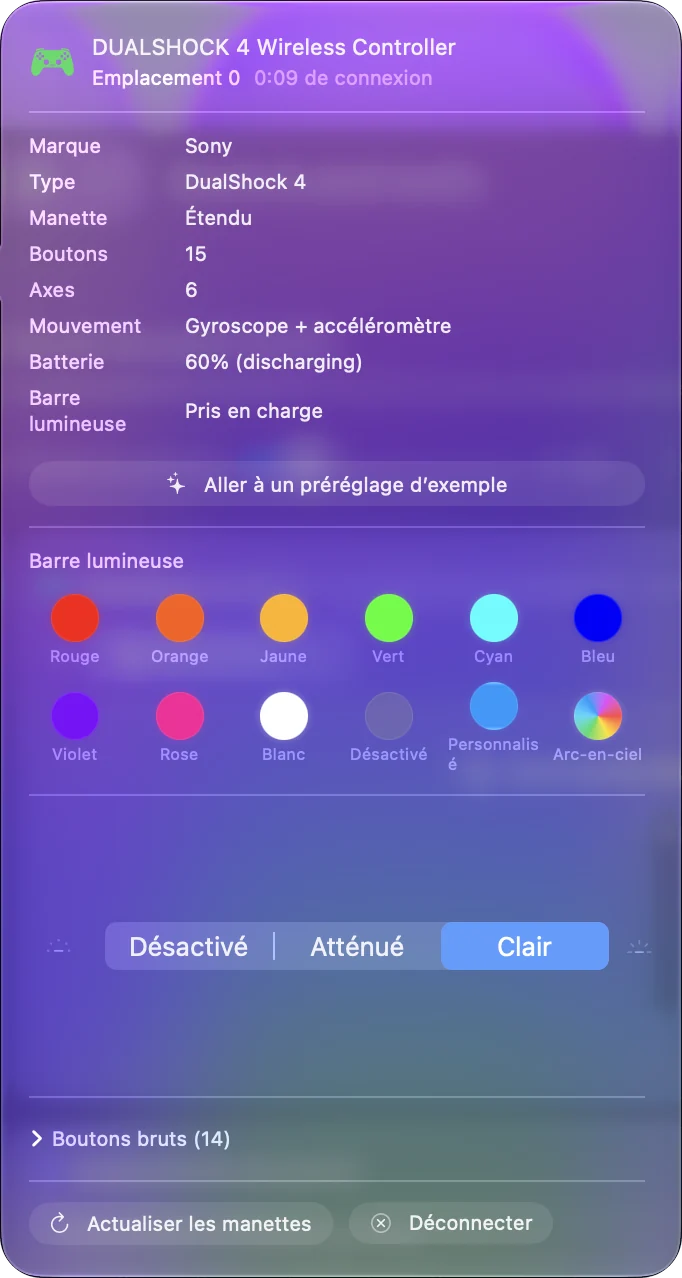 La fenêtre de la manette dans InputConfig pour une DualShock 4 avec son niveau de batterie et la couleur de sa barre lumineuse.