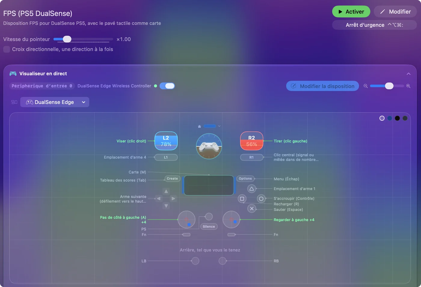 Le Live Visualizer d'InputConfig montrant une DualSense Edge avec une disposition FPS : gâchettes, boutons de face, pavé tactile et sticks étiquetés avec leurs touches