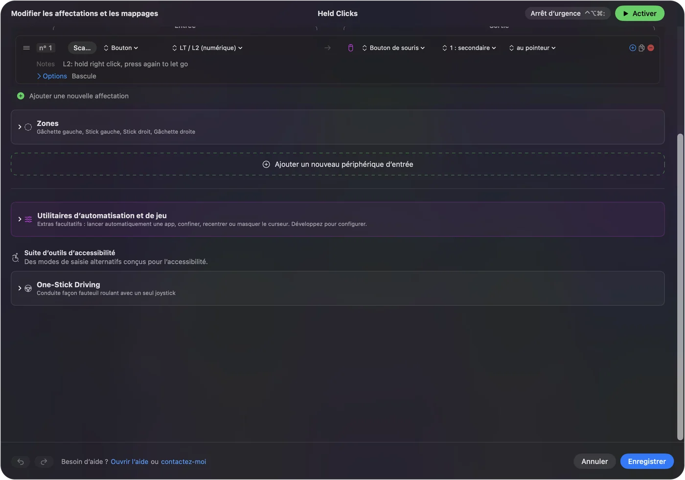Une ligne d'InputConfig sur LT / L2 qui envoie Mouse Button 1: Secondary, avec la note hold right click, press again to let go, et Options réglé sur Toggle.