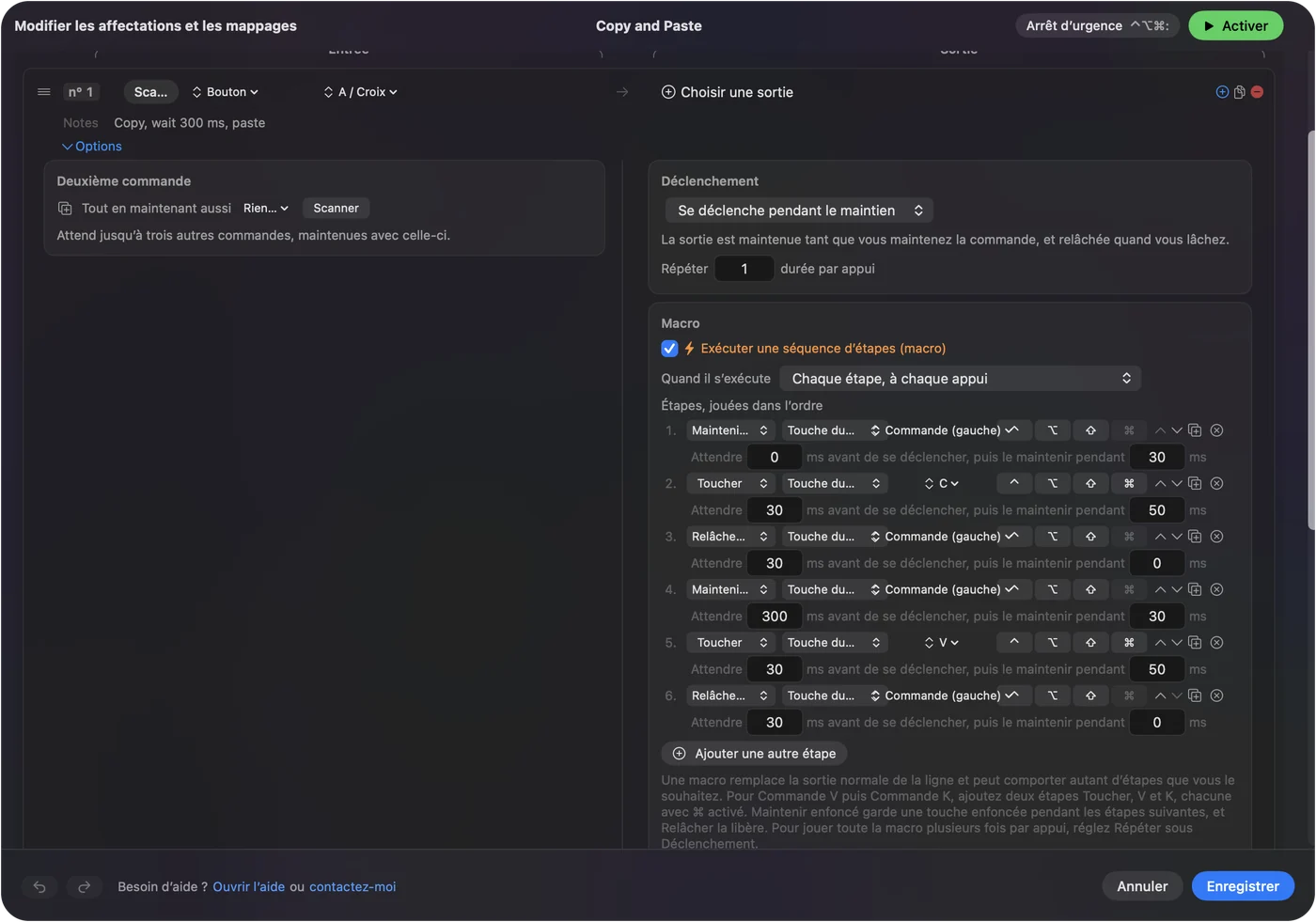 Étapes d'une macro dans les options d'une ligne : maintenir Command, appuyer sur C, relâcher, attendre 300 ms, puis maintenir Command, appuyer sur V et relâcher.