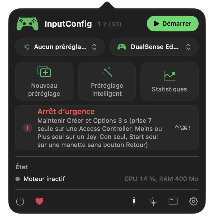 La fenêtre de la barre des menus d'InputConfig avec le bouton Emergency Stop, la pression longue de la manette listée dessous et le raccourci clavier à droite.