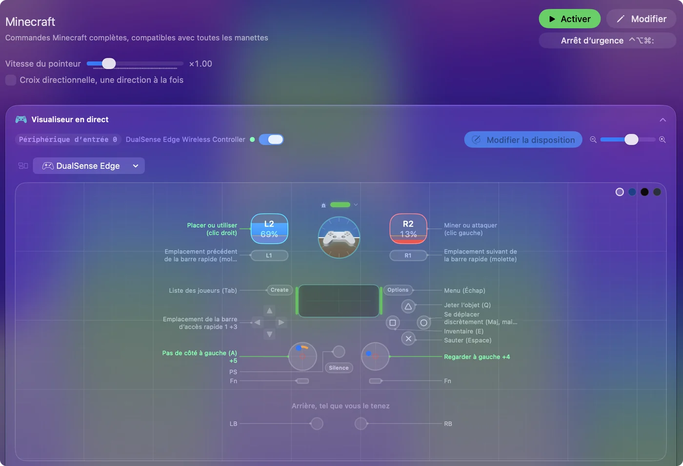 Le préréglage Minecraft intégré dans le Live Visualizer d'InputConfig, avec Place or use, clic droit, sur L2 et Mine or attack, clic gauche, sur R2.