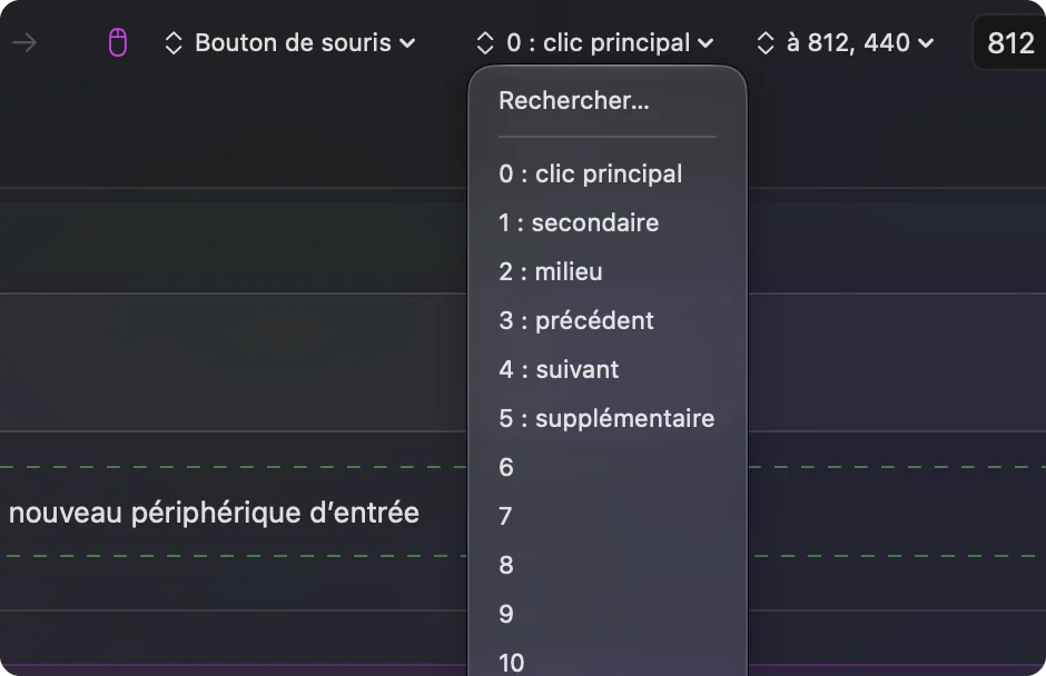 Le menu de sortie d'une ligne Souris dans InputConfig.