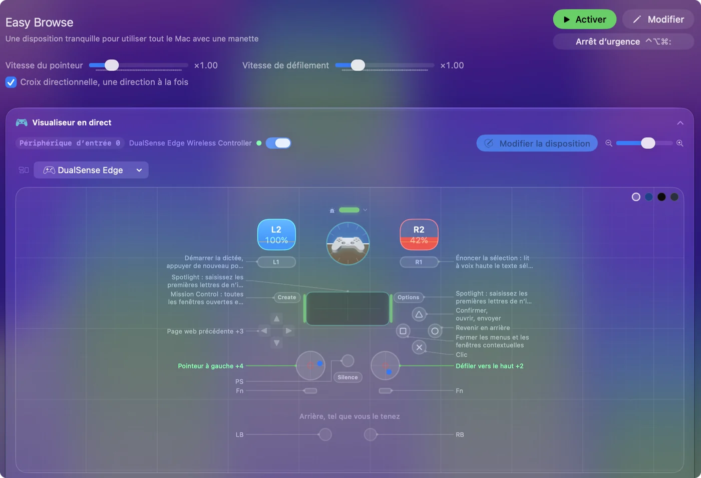 Une page de préréglage dans InputConfig avec les curseurs Pointer speed et Scroll speed au-dessus d'un Live Visualizer d'une DualSense Edge.