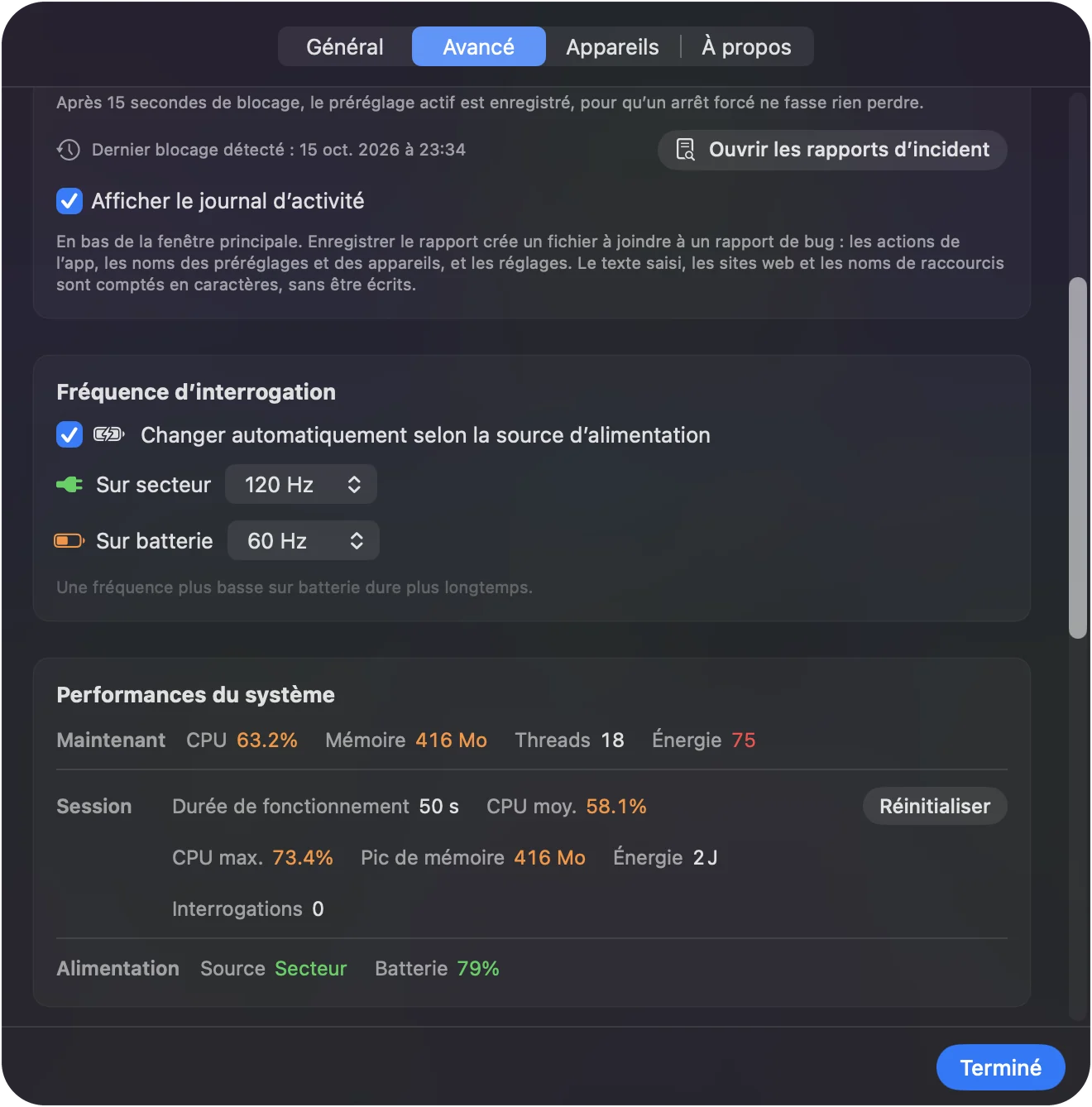 Réglages d'InputConfig, Avancé, Polling rate, avec Auto-switch on power source activé, On power adapter à 120 Hz et On battery à 60 Hz.