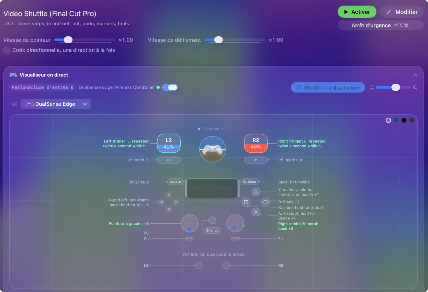 Le préréglage Video Shuttle pour Final Cut Pro dans le Live Visualizer, avec J et L sur les gâchettes, marquer l'entrée et la sortie sur les boutons d'épaule, couper, annuler et marqueur sur les boutons de face.
