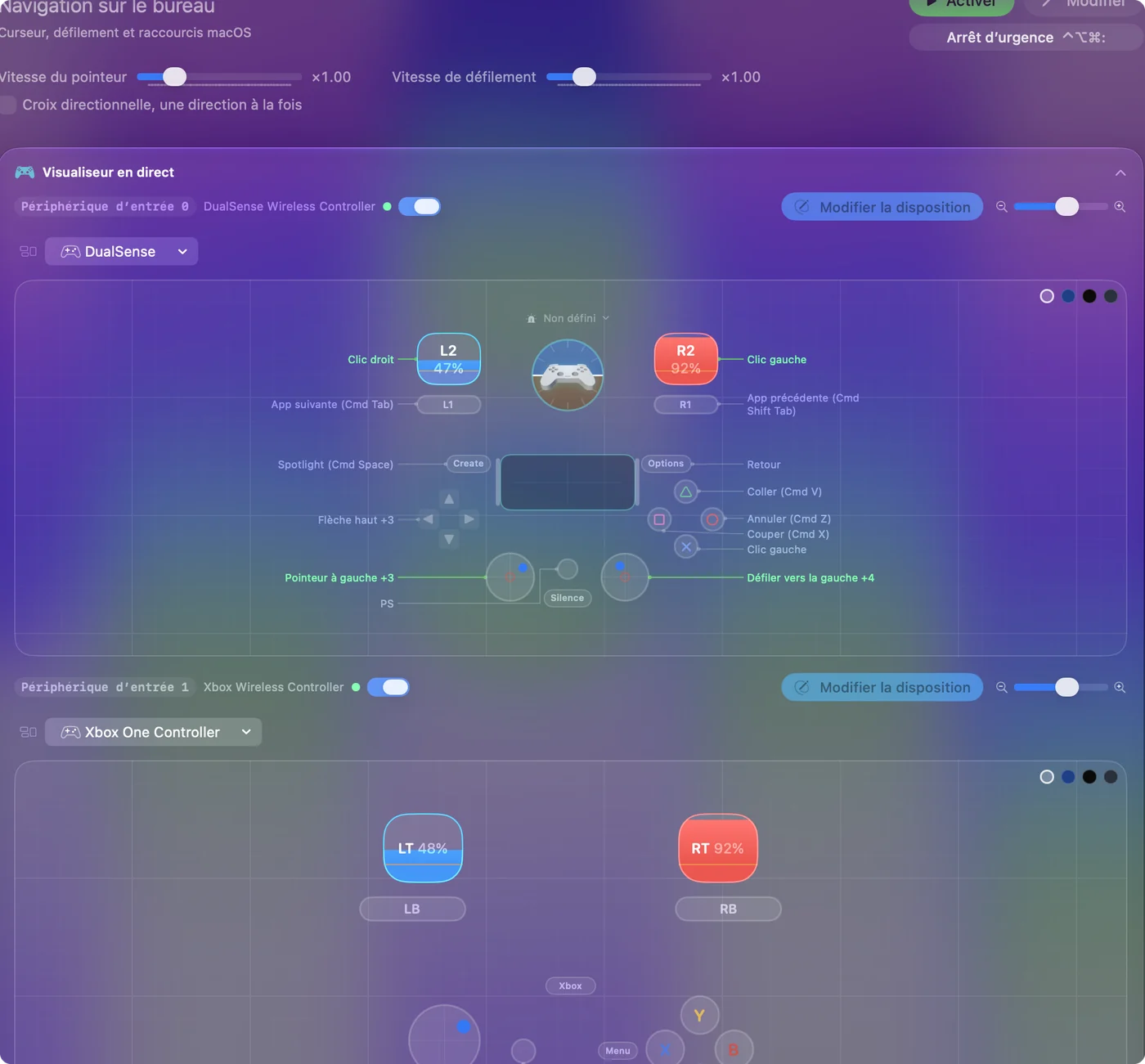 Le Live Visualizer d'InputConfig avec deux panneaux, Input Device 0 une DualSense Wireless Controller et Input Device 1 une Xbox Wireless Controller, chacun montrant les pourcentages de ses gâchettes.
