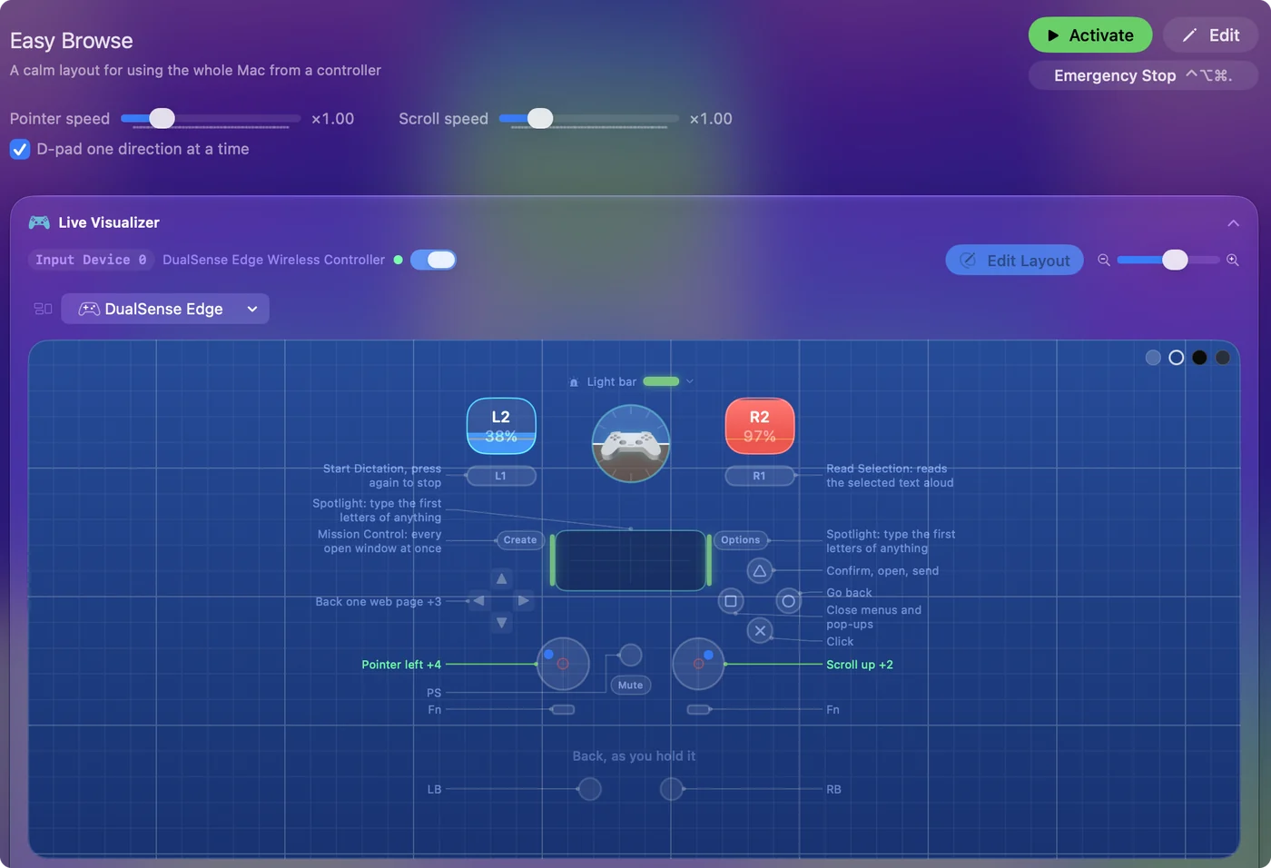 صفحة الإعداد المسبق Easy Browse في InputConfig، مع Live Visualizer يرسم ذراعًا ومفتاحًا يسرد ما يفعله كل زر.
