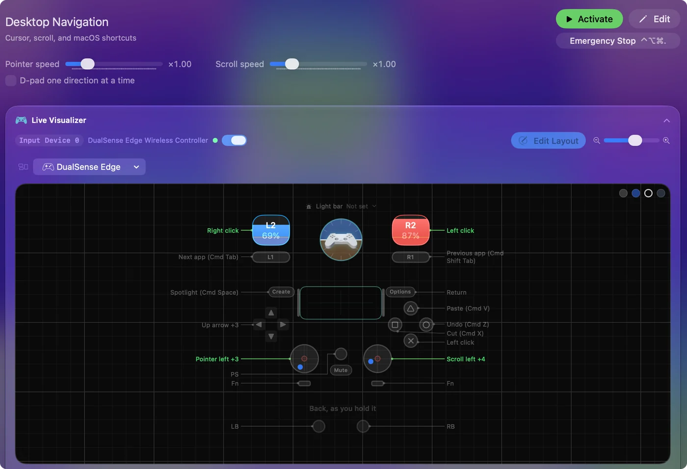The InputConfig main window with the Desktop Navigation preset selected, its rows listing a controller control on the left and the key or click it sends on the right.