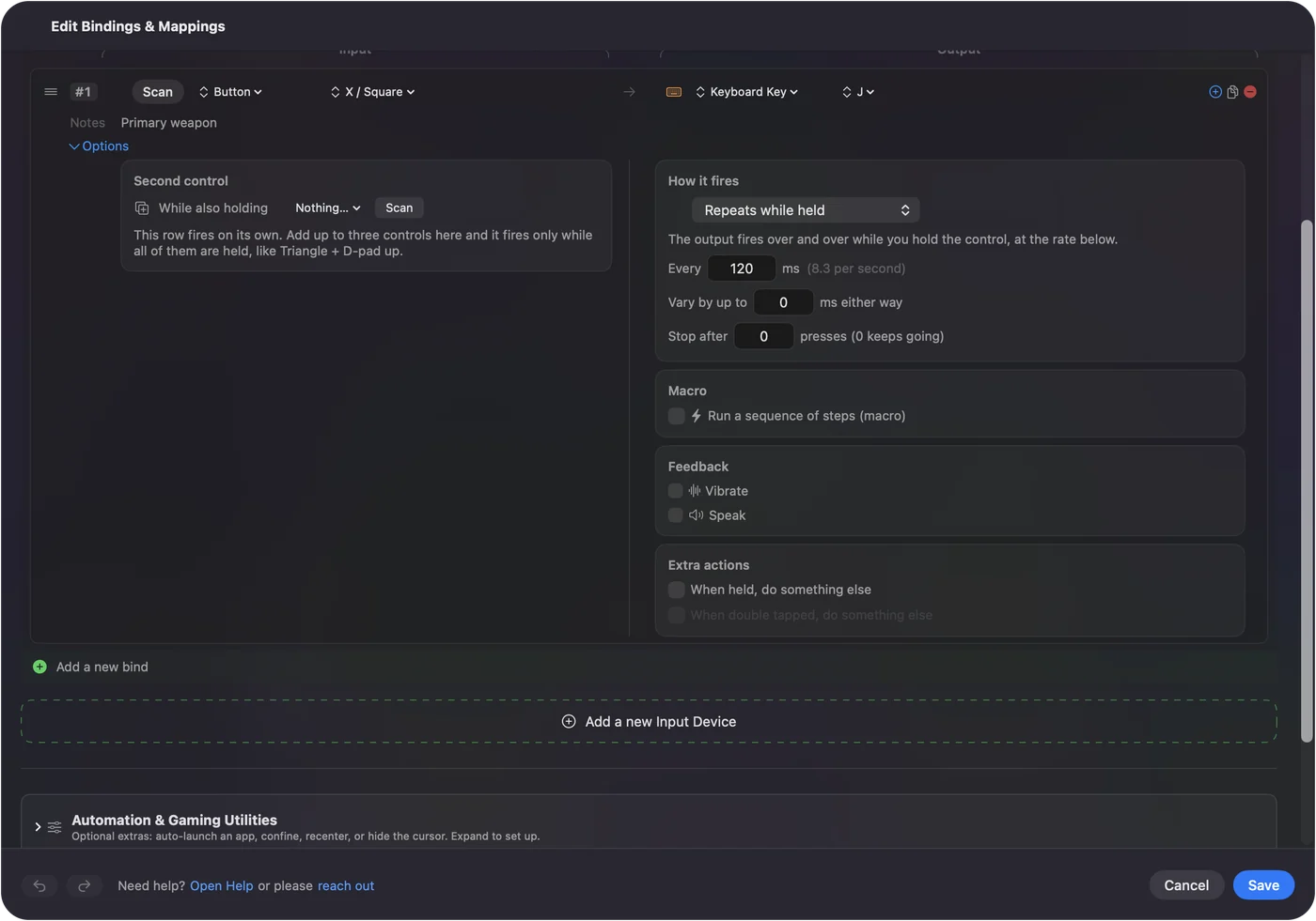The Dead Cells primary weapon row in InputConfig set to Repeats while held.