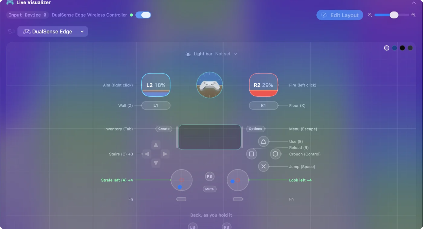 พรีเซ็ต Fortnite ที่วาดบน DualSense Edge ใน Live Visualizer ของ InputConfig โดยมียิง กระโดด ย่อ และชิ้นส่วนสิ่งก่อสร้างระบุไว้ในคำอธิบายข้างภาพ