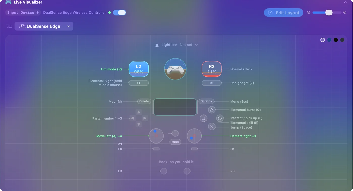 Genshin Impact 配置畫在 InputConfig 的 Live Visualizer 裡的手把上，技能和爆發在正面按鈕，隊伍切換在方向鍵。