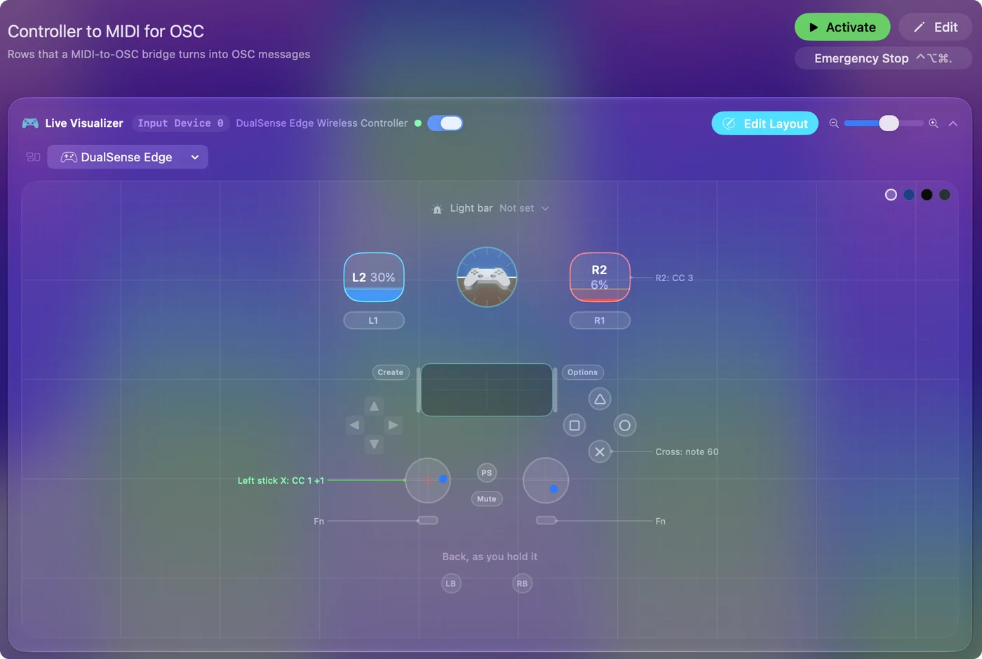 Die Voreinstellung Controller zu MIDI für OSC, gezeichnet auf einem DualSense Edge im Live Visualizer von InputConfig.