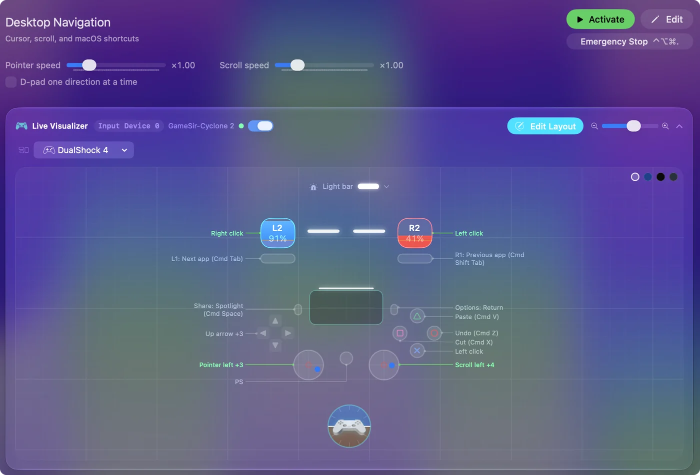 Live Visualizer في InputConfig مع الإعداد المسبق للتنقل في سطح المكتب وذراع GameSir Cyclone 2 متصل، وعناصر التحكم المضغوطة مضاءة.