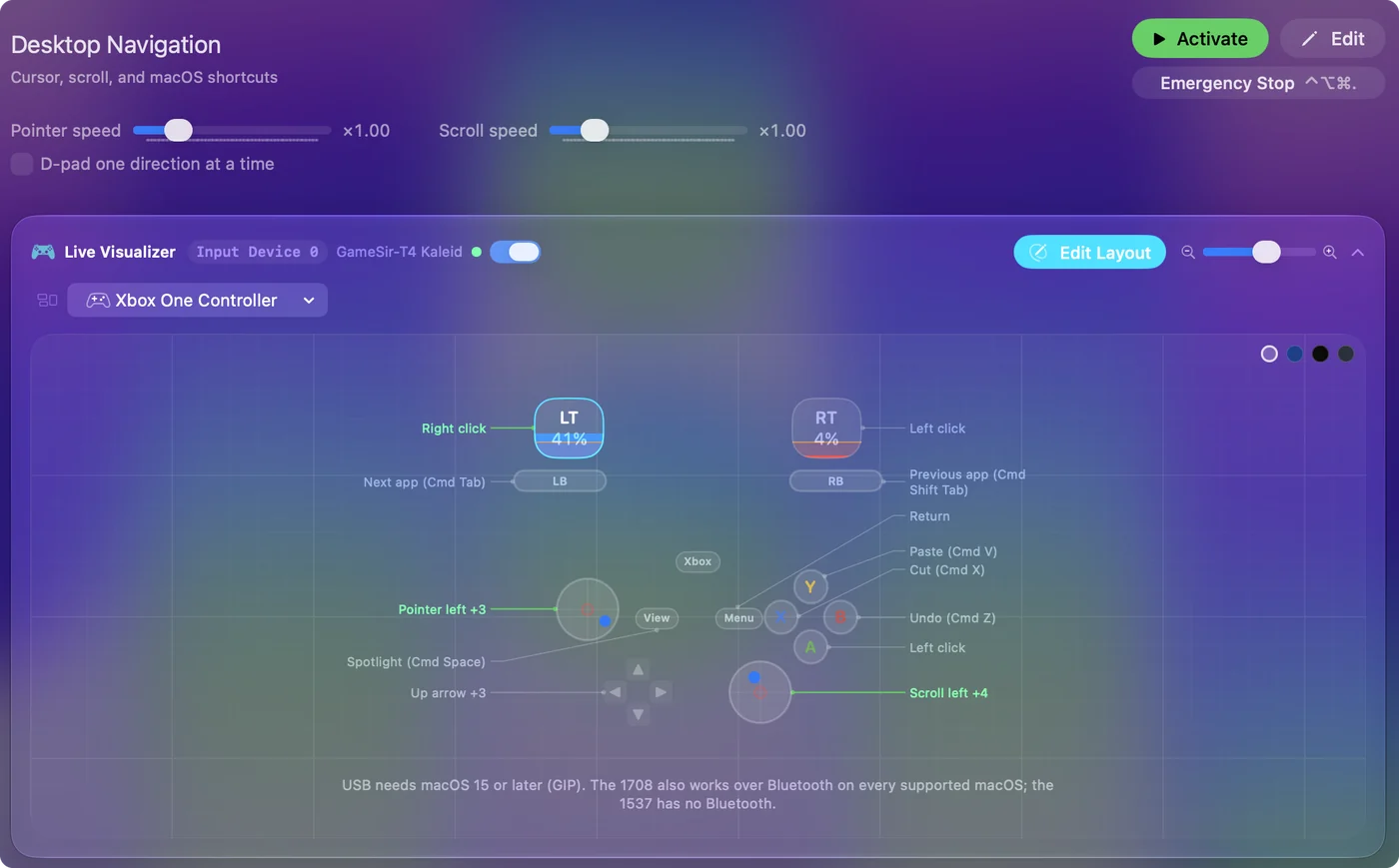 Live Visualizer v InputConfig s předvolbou Desktop Navigation a připojeným GameSir T4 Kaleid, jeho stisknutá tlačítka jsou rozsvícená.