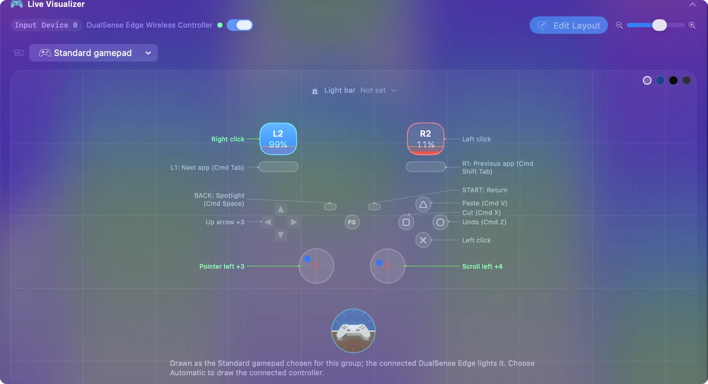 InputConfig's Live Visualizer showing a generic USB gamepad's buttons and sticks as a plain map, with pressed controls lit.