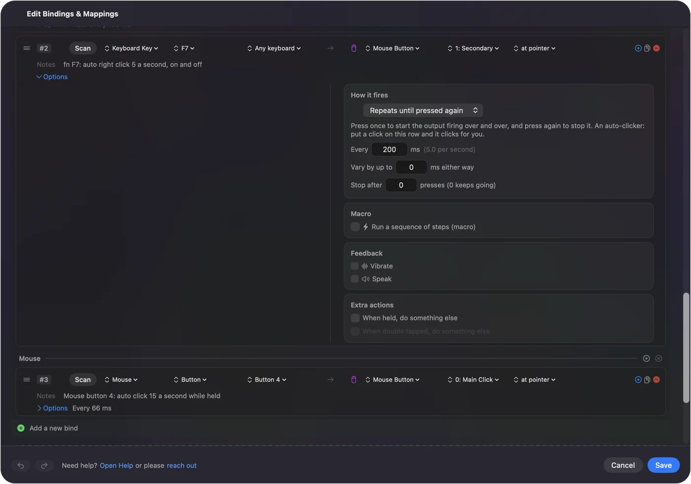 Řádek v editoru InputConfig s otevřenými Možnostmi: fn F7 jako vstup a pravý klik jako výstup, opakování každých 200 ms.