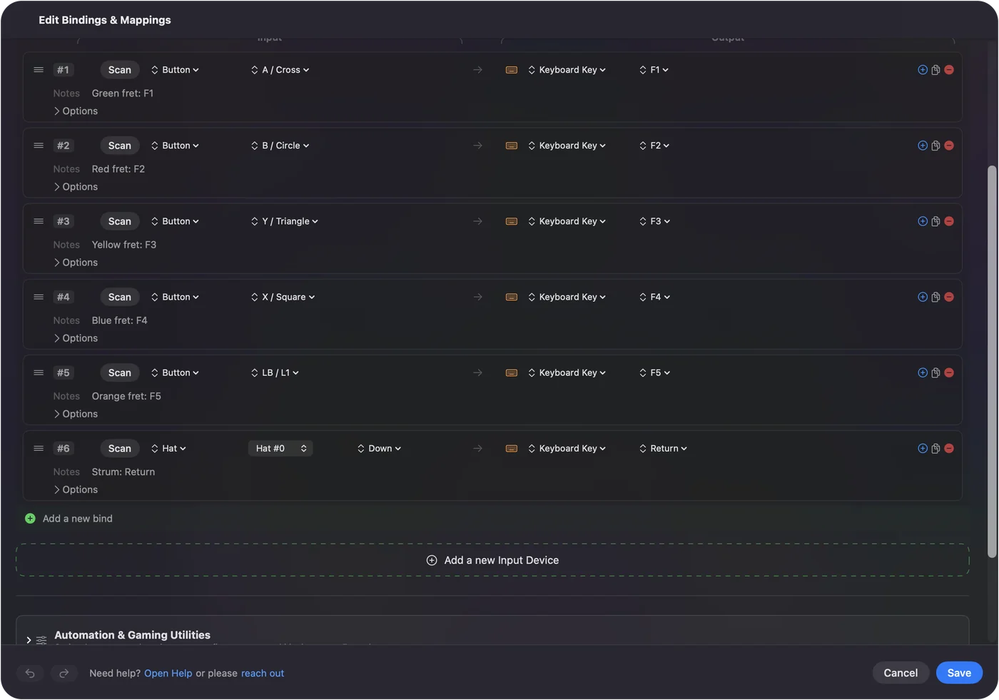 Editor InputConfig s pěti řádky pražců posílajícími F1 až F5 a řádkem strum posílajícím Return.