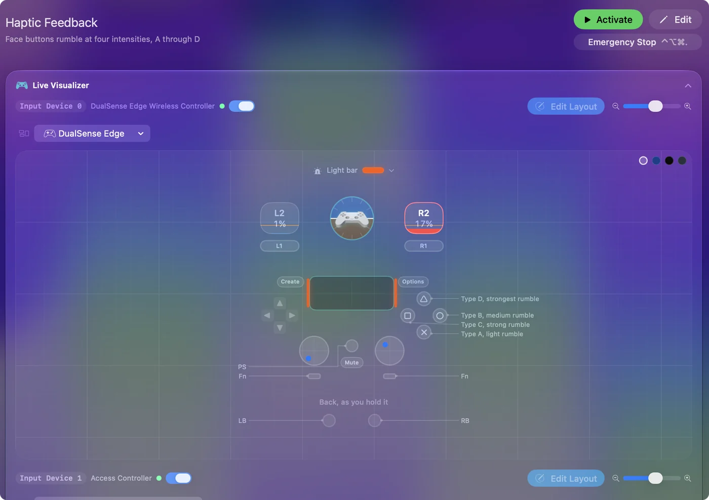 InputConfig with the Haptic Feedback preset running: the Live Visualizer shows a DualSense with an orange light bar and four face buttons labeled light, medium, strong and strongest rumble.