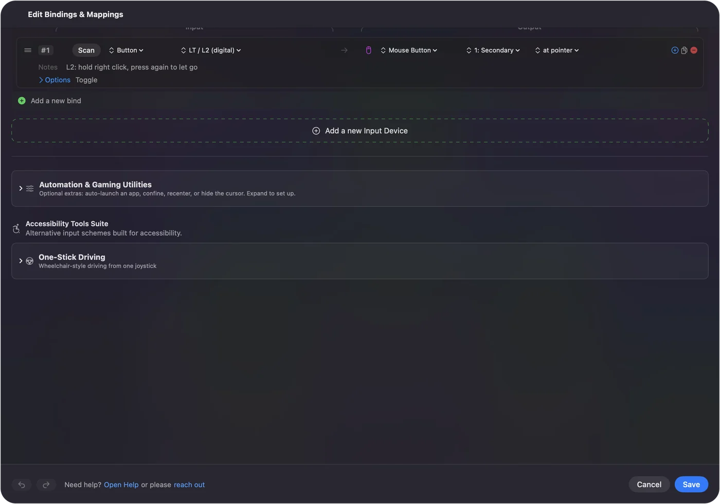 A row in the InputConfig editor with a 1: Secondary output and How it fires set to Toggles on and off.