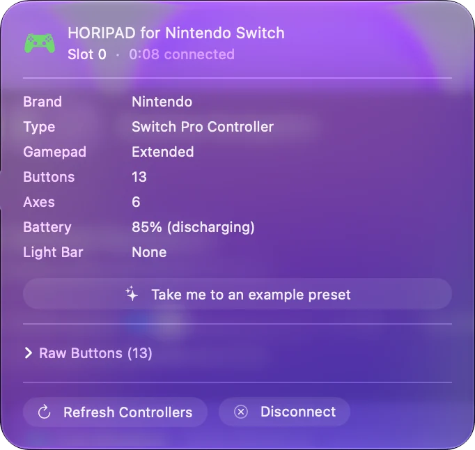 Pop-op'et for HORIPAD til Nintendo Switch øverst i InputConfigs sidebjælke, med mærke, type, knapper, akser og batteri, samt knapperne Opdater controllere og Afbryd.