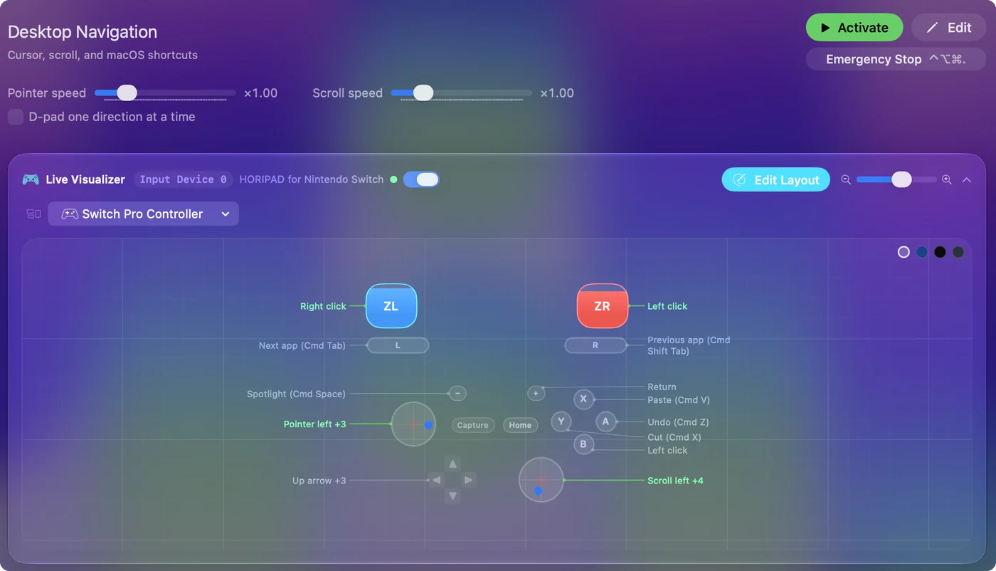 InputConfigs Live Visualizer med forudindstillingen Desktop Navigation og HORIPAD til Nintendo Switch tilsluttet, dens trykkede kontroller lyser.