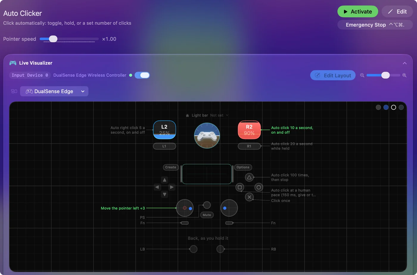 صفحة الإعداد المسبق Auto Clicker في InputConfig، في مجلد سطح المكتب والإنتاجية، مع صفوف الذراع وصفوف لوحة المفاتيح والماوس.