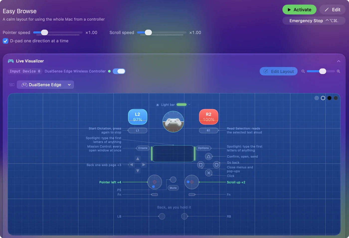 Live Visualizer 위에 Pointer speed와 Scroll speed 슬라이더가 1.00배로 있는 Mouse + Scroll용 InputConfig 프리셋 페이지.