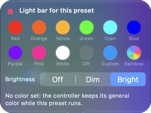 The Light bar for this preset popover with ten swatches, Custom, Rainbow and Brightness, reading No color set.