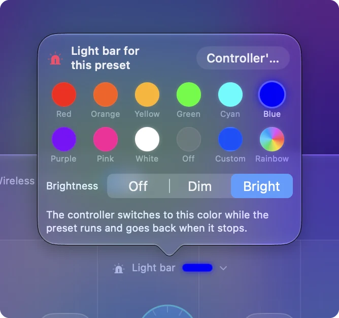 The Light bar for this preset popover on a DualSense Edge with Blue chosen, and the light bar strip below it showing blue.