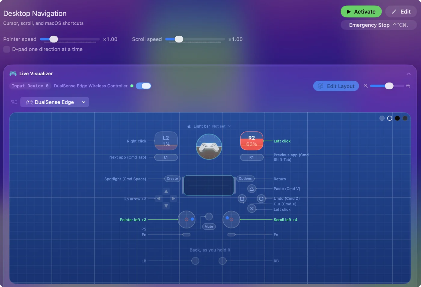 الإعداد المسبق Desktop Navigation في InputConfig، مع رسم الذراع وربطاته مسرودة بجانبه.