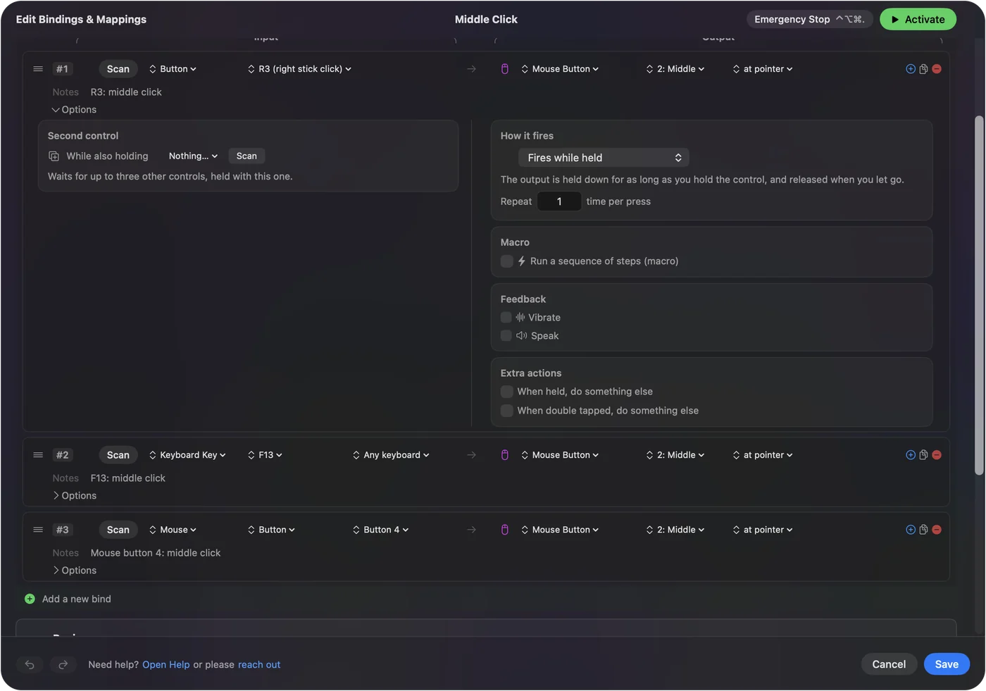 Řádek v editoru InputConfig s otevřenou položkou Options: stisk pravé páčky jako vstup a 2: Middle jako tlačítko myši, které posílá, s řádky pro F13 a tlačítko myši 4 pod ním.