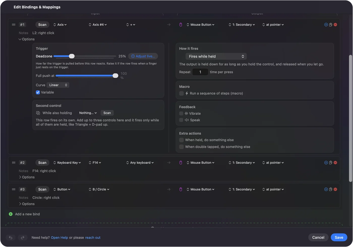 A row in InputConfig's editor with its Options open: a trigger as the input and 1: Secondary as the mouse button it sends, with rows for F14 and a face button below.