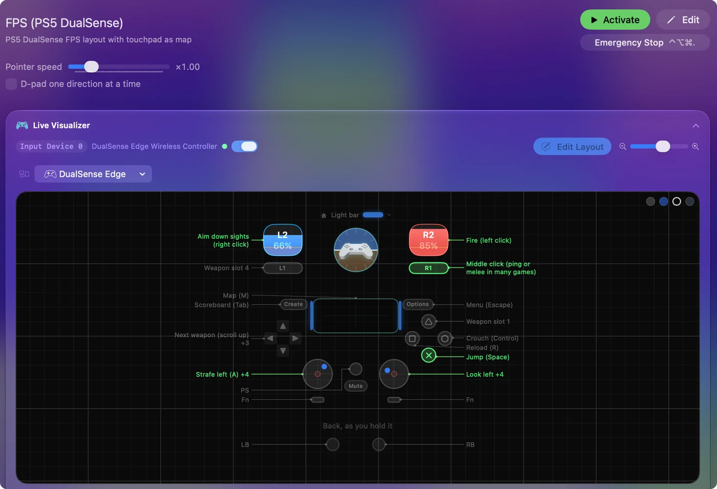 InputConfig 的 Live Visualizer 畫出 DualSense，一個按鈕亮起，兩個搖桿圓點，以及填到一半的扳機。