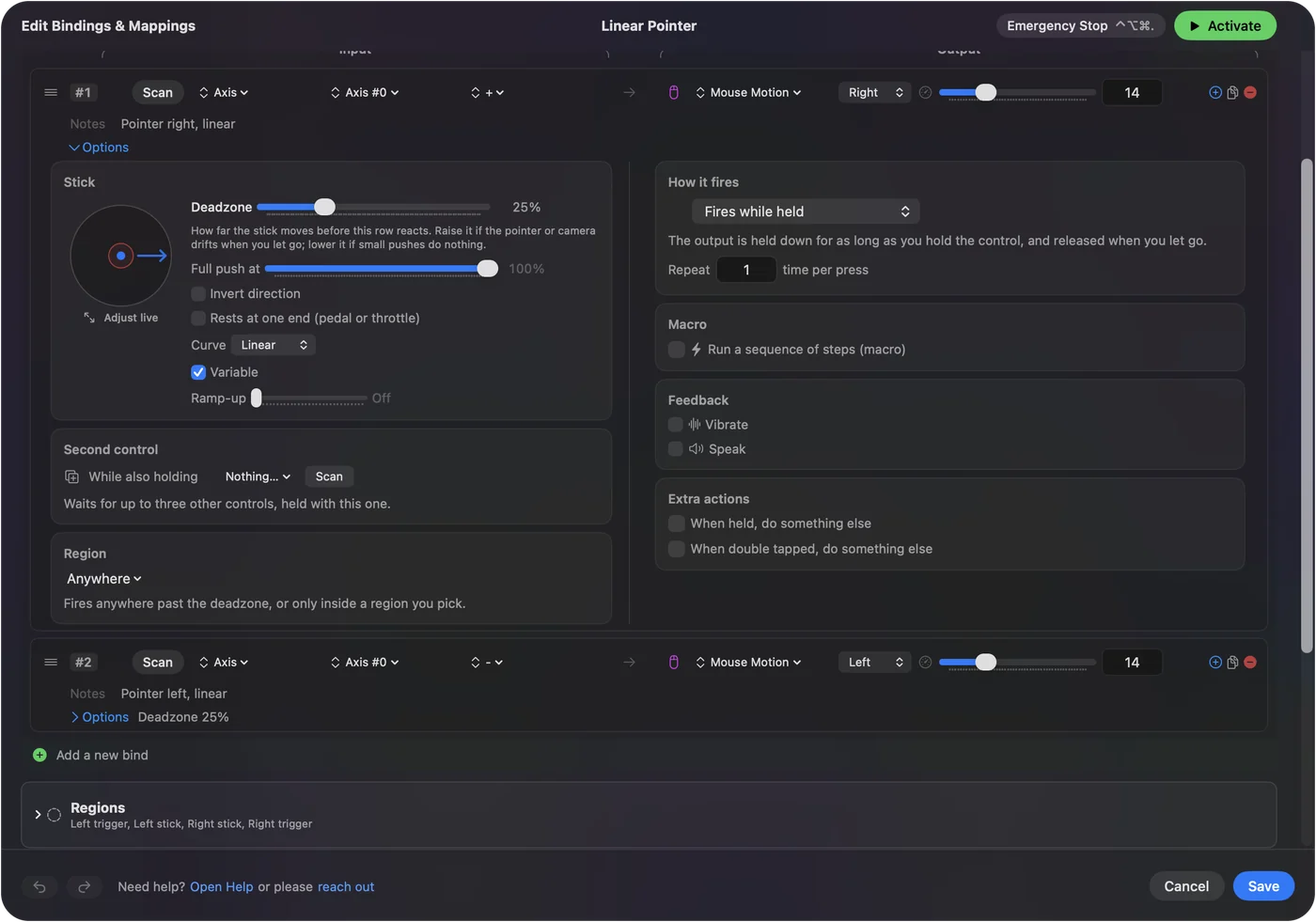 Řádek v editoru InputConfig s otevřenou položkou Options: řádek ukazatele páčky s otevřenou nabídkou Curve nastavenou na Linear, s ovládáním mrtvé zóny a Ramp-up.