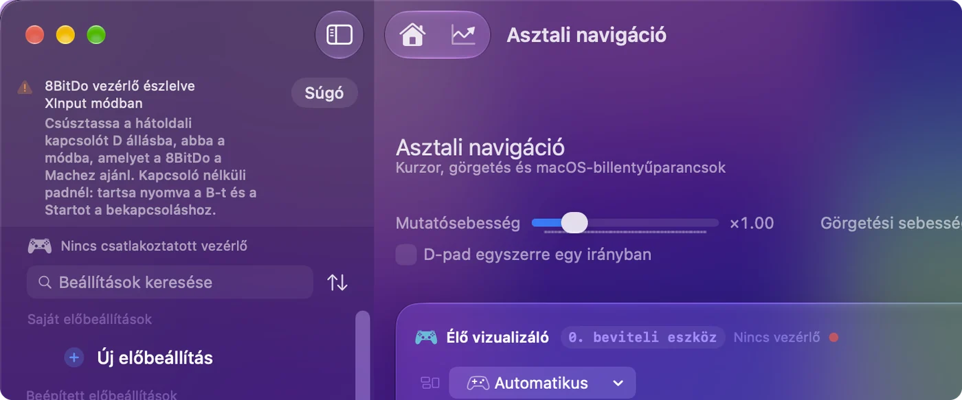 Az InputConfig főablaka egy megjegyzéssel, amely szerint egy 8BitDo kontroller X módban lett észlelve, és megnevezi a modellhez használandó módot.