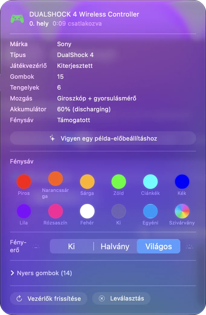 Az InputConfig kontroller-felugró ablaka egy DualShock 4-hez, az akkumulátorszintjével és a fénysáv színével.