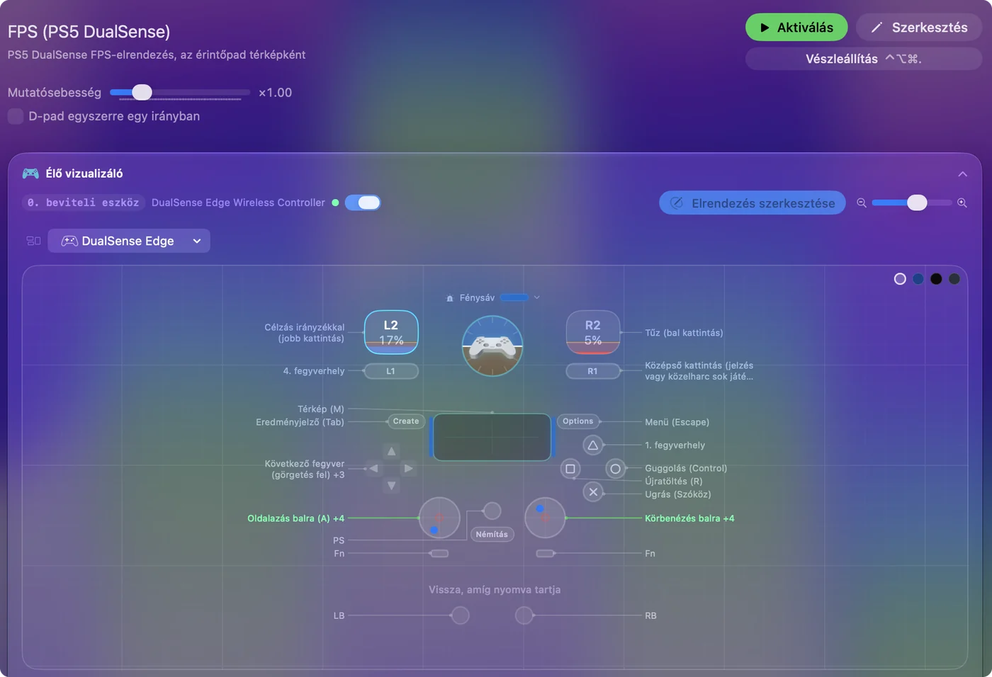 Az InputConfig Live Visualizere egy DualSense Edge-et mutat FPS-kiosztással: a ravaszok, az arcgombok, az érintőpad és a botok a billentyűikkel feliratozva