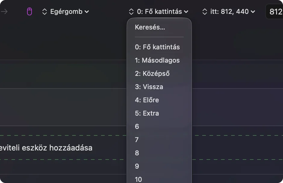 Az InputConfig egér-sorának kimeneti menüje.