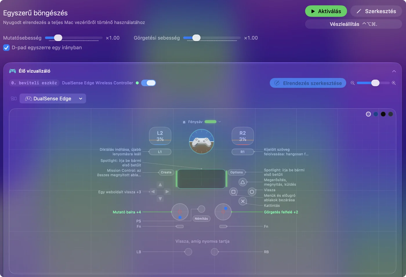 Egy előbeállítás oldala az InputConfigban, a Pointer speed és Scroll speed csúszkákkal egy DualSense Edge Live Visualizere fölött.