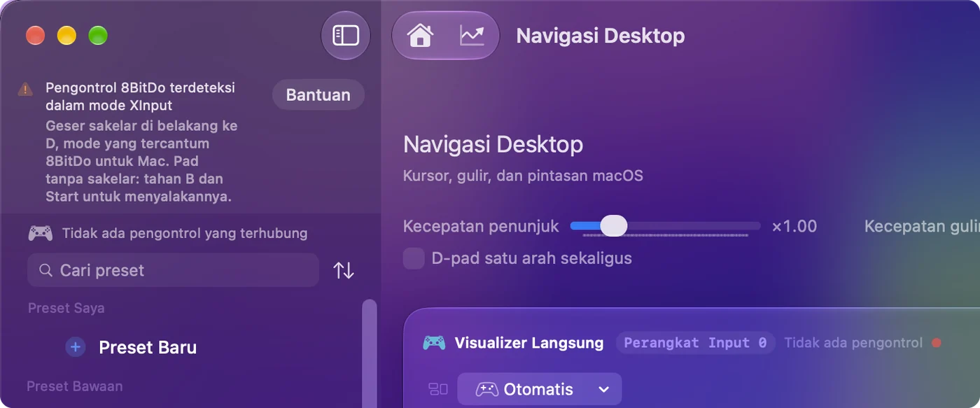 Jendela utama InputConfig dengan catatan yang menyebut controller 8BitDo terdeteksi dalam mode X, dan mode yang dipakai untuk model itu.