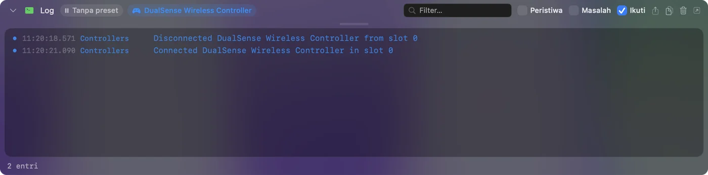 Log aktivitas InputConfig di bagian bawah jendela utama, mencantumkan controller yang terputus dan tersambung kembali.