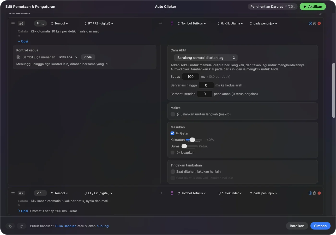 Options sebuah baris di editor InputConfig: How it fires diatur ke Repeats until pressed again, Every 100 ms dengan 10,0 per second di sampingnya, Vary by up to dan Stop after di bawah.