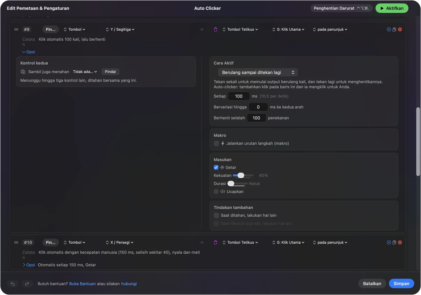 Options sebuah baris klik di InputConfig dengan How it fires diatur ke Repeats until pressed again, Every 100 ms dengan 10.0 per second di sebelahnya, Vary by up to 0, dan Stop after 100 presses.