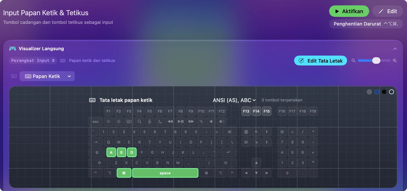 Templat Keyboard Live Visualizer digambar seperti keyboard MacBook, dengan tombol yang ditekan menyala.