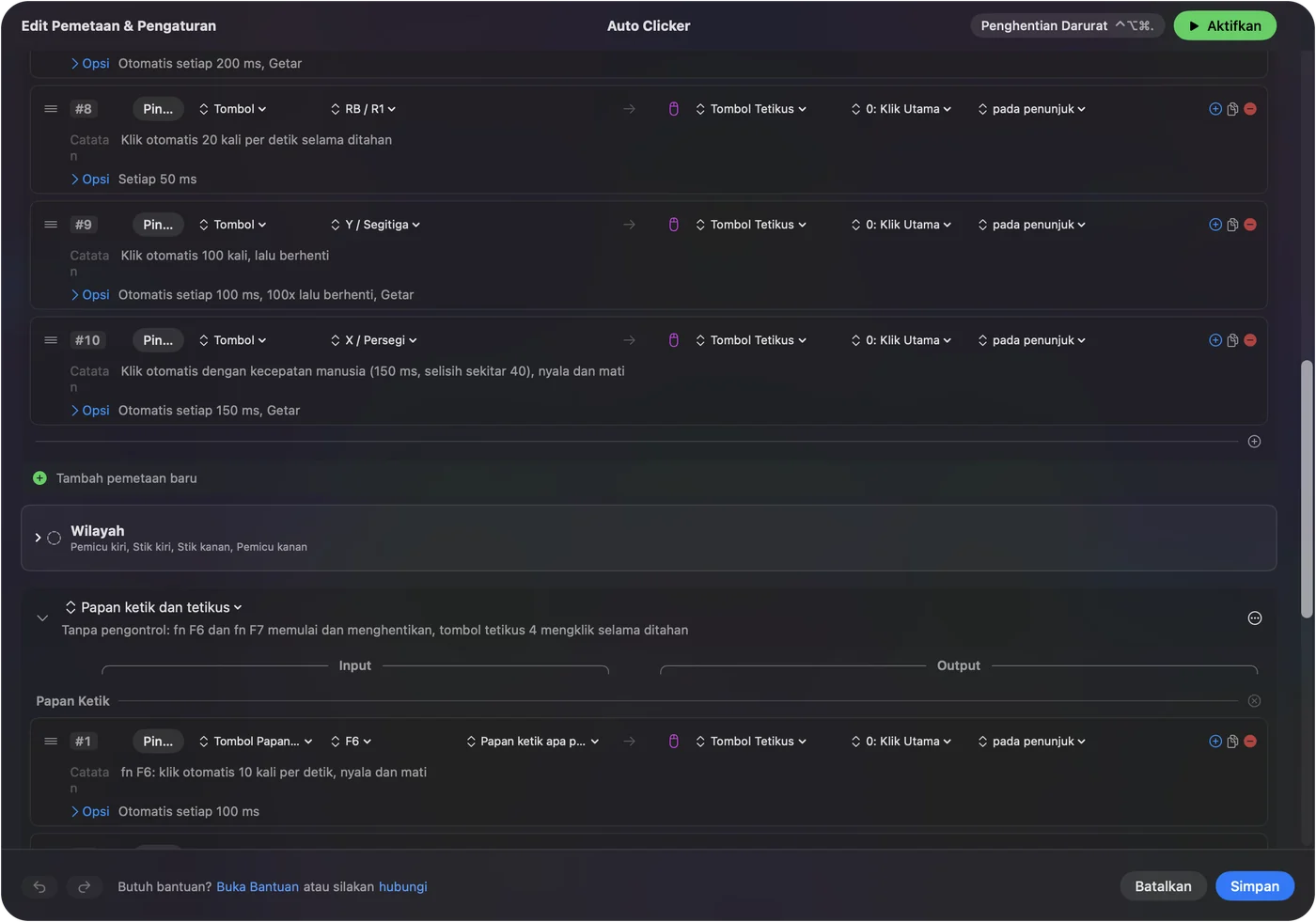 Preset Auto Clicker di editor InputConfig, menampilkan baris keyboard dan tetikusnya: fn F6 mengklik kiri 10 per detik nyala dan mati, fn F7 mengklik kanan 5 per detik nyala dan mati, dan tombol tetikus 4 mengklik 15 per detik selama ditahan.